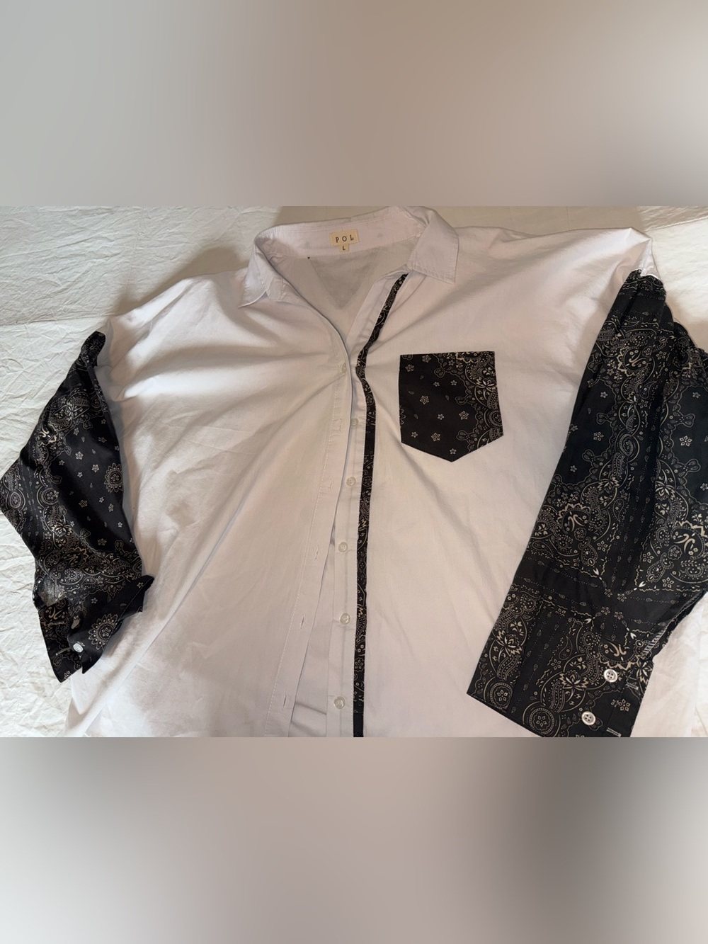 POL White Button-Up with Black Paisley Trim and Sleeves